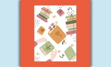 Illustration image of hands tying sting around books. Flowers and other string tied books are arranged at random against a white background.