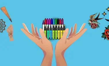 A pair of hands holding markers alongside henna and tattoo graphics.
