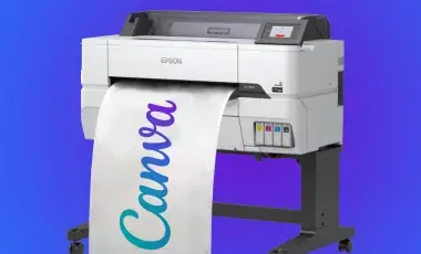 Poster printer against a blue background printing a poster that says Canva