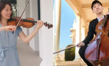 On one side person playing violin and on the other side person playing cello.
