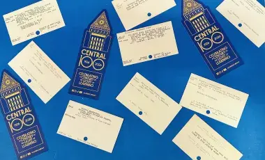 Vintage catalog cards and bookmarks celebrating Central Library's 100th anniversary