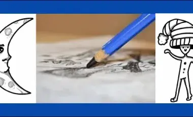 Drawing of a moon, a character wearing a hat waving, and a pencil sketching on paper.