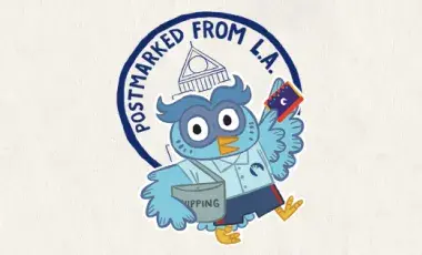 blue owl holding a library card and delivering mail 