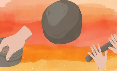 Ball of clay, hand rolling out clay into coil and a hand pinching coils into a pot on an orange background.
