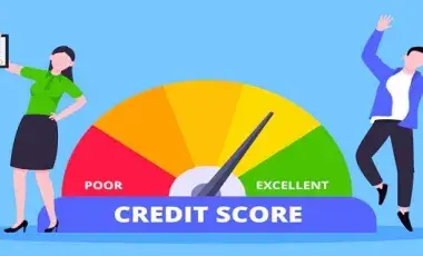 Man and woman standing next to credit score