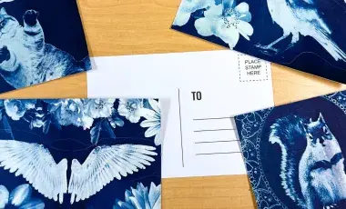 Four cyanotype printed postcard fronts scattered around the backside of a postcard.