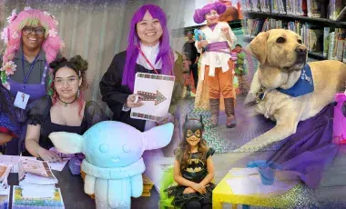 A collage of Cosplay dressed adults and children, and a golden retriever dog with a blue bandanna