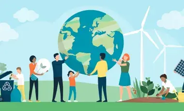 Cartoon people holding up globe and recycling 