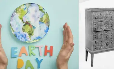 Two photos- two hands cupping a drawn earth alongside the words Earth Day; a black and white photo of a card catalog