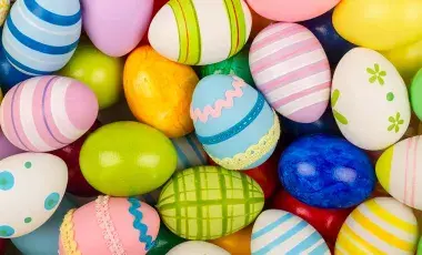Close-up of many coloful decorated eggs for Easter