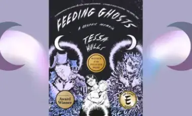 Cover of Feeding Ghosts book flanked by crescent moons and glowy halo