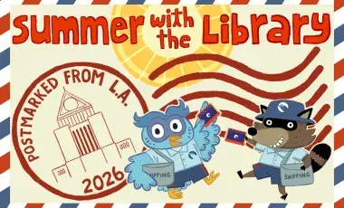 A colorful stamp with wording Summer with the Library across the top and in a circle postmarked from LA 2026 next to an owl and raccoon.