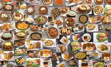 A collage of different plated foods.