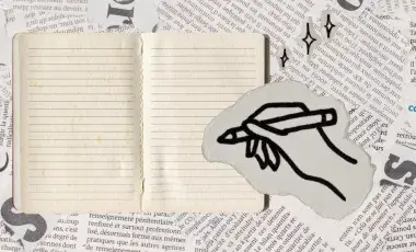 An illustrated hand writing on a notebook.