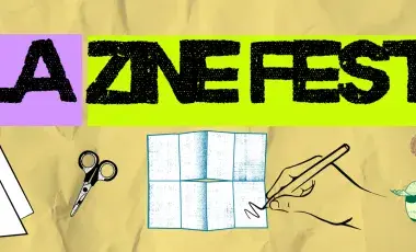 LA Zine Fest spelled out with images of zines, scissors, and tape.
