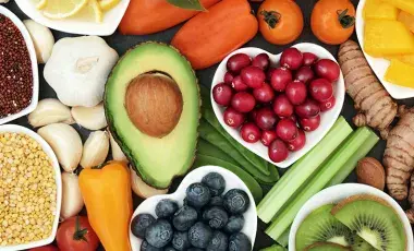 Photo of fruits, veggies, and herbs. 