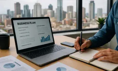 Seated man writing in a notebook and sitting next to a laptop with a view of the city in the background