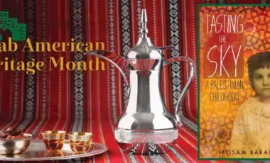 Bowl of dates and silver teapot, alongside Ibtisam Barakat's memoir "Tasting the Sky"