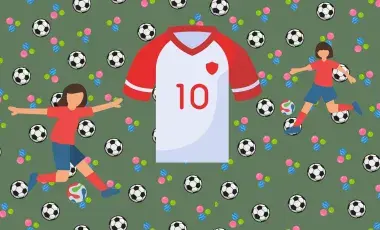 a white and red number ten jersey in the middle with two girls in red shirts and blue shorts on both sides kicking soccer balls, it a repeating background of soccer balls in the background