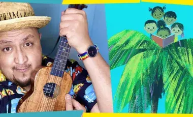 A smiling man in a hat holds up a ukulele next to a graphic of children reading in a palm tree