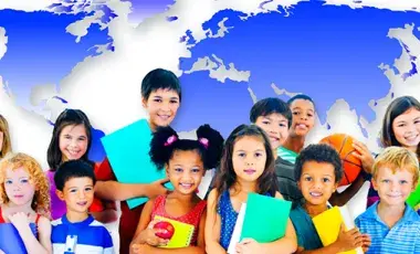 children of diverse backgrounds holding books in front of world map