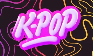 The word "K-Pop" against a background with colorful wavy lines