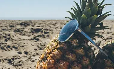 A pineapple at the beach, wearing sunglasses.