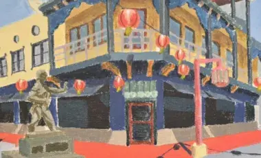 Painted image of a building with a statue, laterns, using the colors red, tan, yellow, gray, blue and orange