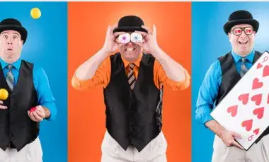 Three images of the same man in a bowler hat. In the first image he's juggling in the second he'll holding up giant eyes, in the third he's holding giant playing cards.  