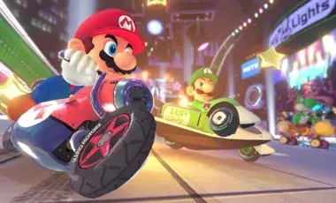 Mario on a motorcycle with Luigi in the background. 