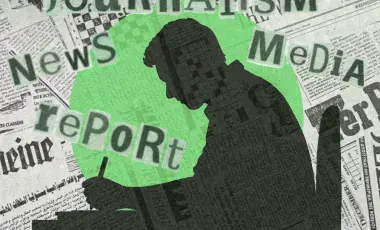 Silhouette of a seated man writing with newspaper imagery in the background.
