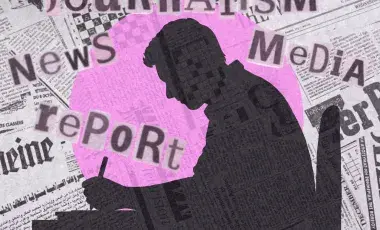 Silhouette of a seated man writing with newspaper imagery in the background.