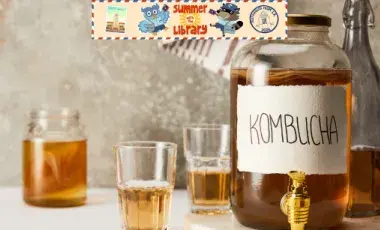 Photo of kombucha to drink + summer with the library banner