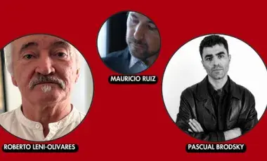Three panel participants on a red background.