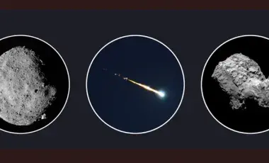 two irregular rocky objects and one object with a bright ball at the front followed by a long lighted tail