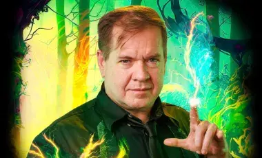 Magician bust with electric bolt emanating from his fingertip