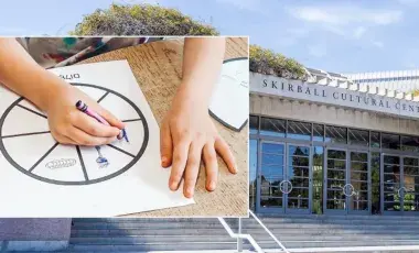 the skirball center and a childs hands drawing on a mitzvah wheel