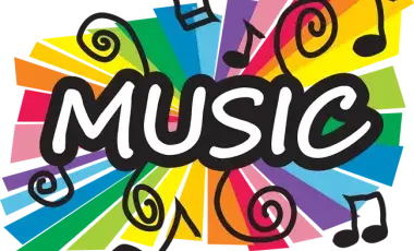 Vibrant colors and musical notes. 