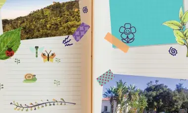 open journal with photos and stickers