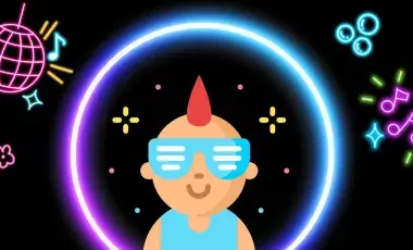 A drawing in neon colors of a baby with a mohawk and sunglasses with disco ball in the background