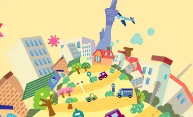 Animated rounded city skyline brightly illustrated