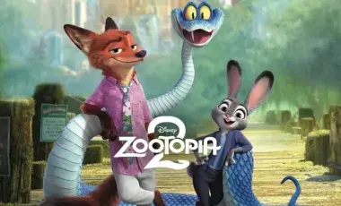 Zootopia 2 movie title in front of a a fox, snake, and bunny standing on the end of a dock 