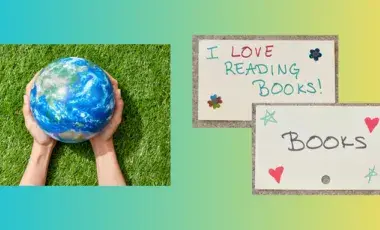 image of hands holding globe; card with word Books; card with words I love reading books