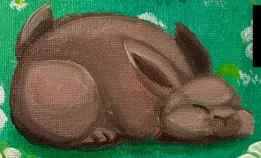 Acrylic painting of a brown bunny sleeping on a green background with white flowers 
