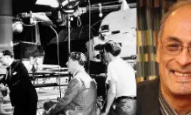 Manny Pacheco next to an old image of a movie being shot with two actors, a director, and a cameraman.