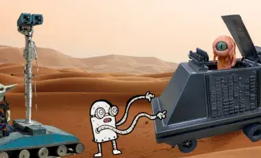 several robots (including yoda) roam a desert