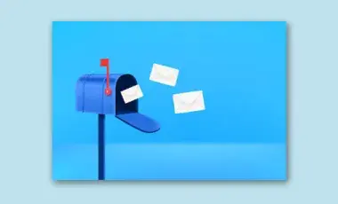 An open blue mail box with three white envelopes flying out of it