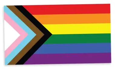 Progress Pride Flag-rainbow flag, with stripes of black and brown to represent marginalized LGBTIQ+ people of color and the triad of blue, pink, and white from the trans flag