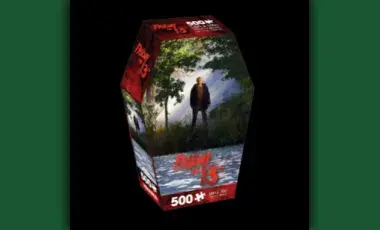 Cover of a puzzle box, man with mask standing by lake
