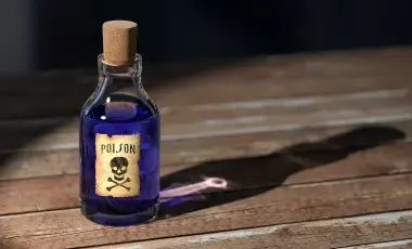 A color photo of a glass bottle filled with purple liquid and the poison symbol on the front, Image by qimono from Pixabay